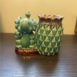 Green Ceramic Elephant Planter with Pineapple Vase